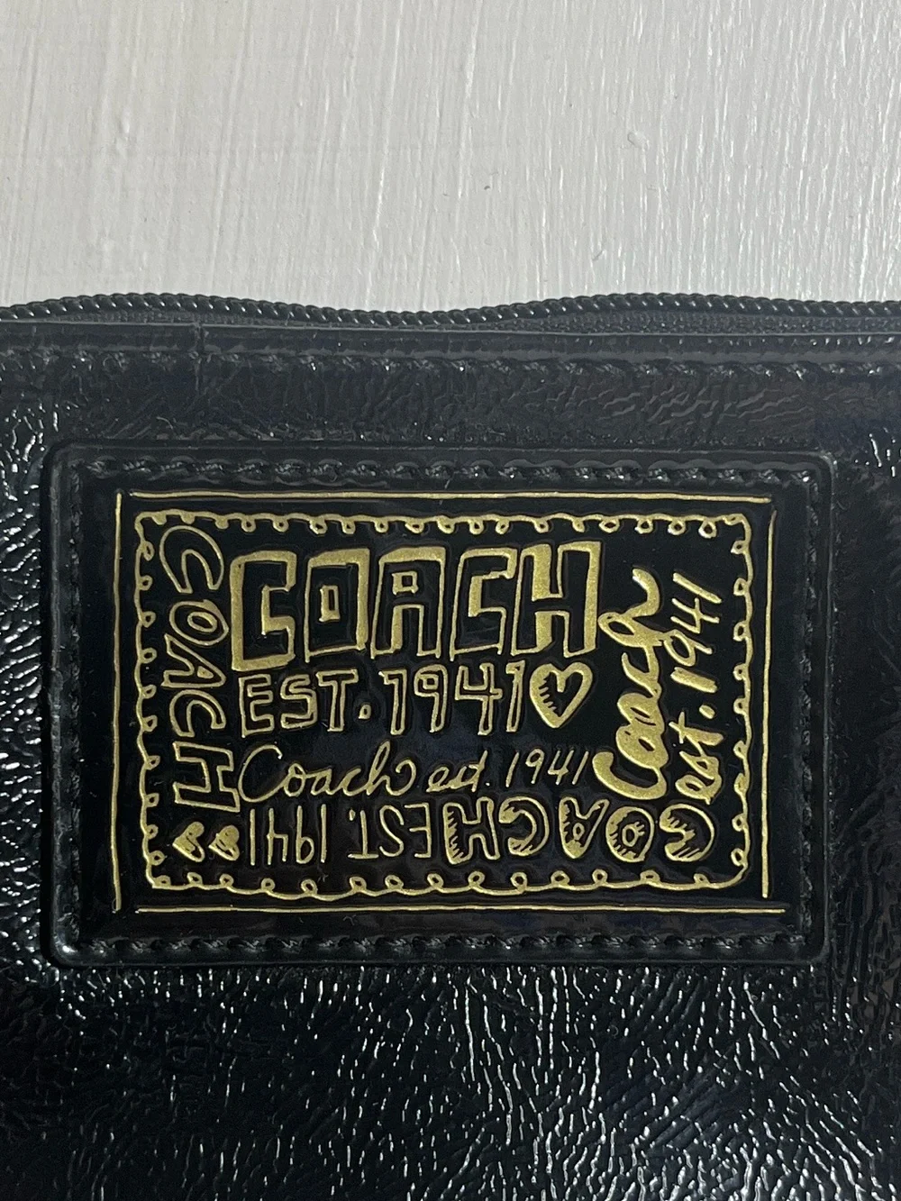 Coach Poppy Black Patent Leather Wristlet with Gold Accents